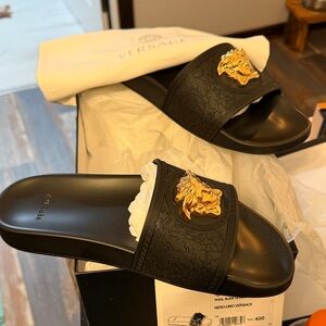 Versace Black Slides with Gold Medusa Accent